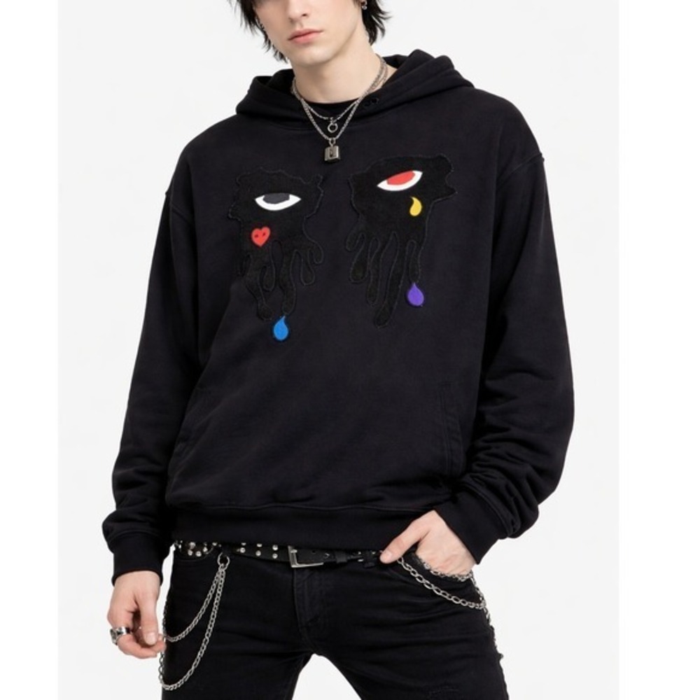 Roku Studio Mens Black Dripping Eye Chenille Patch Hoodie Streetwear 2XL